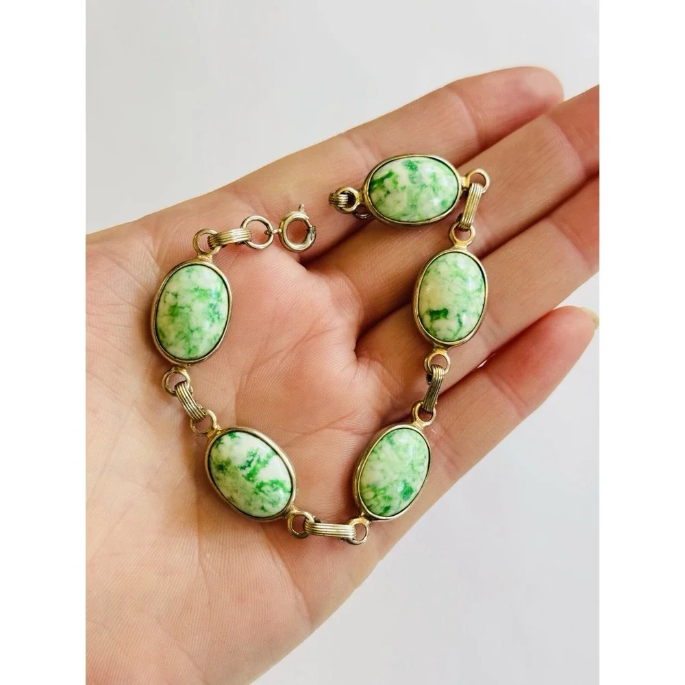 Bracelet VTG Regal Czech Green Glass Cabochon Link Silver Plated Rare Chunky 50s